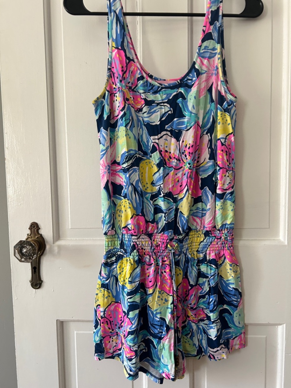 Lilly Pulitzer Navy Floral Tank Romper with Pink & Yellow Accents